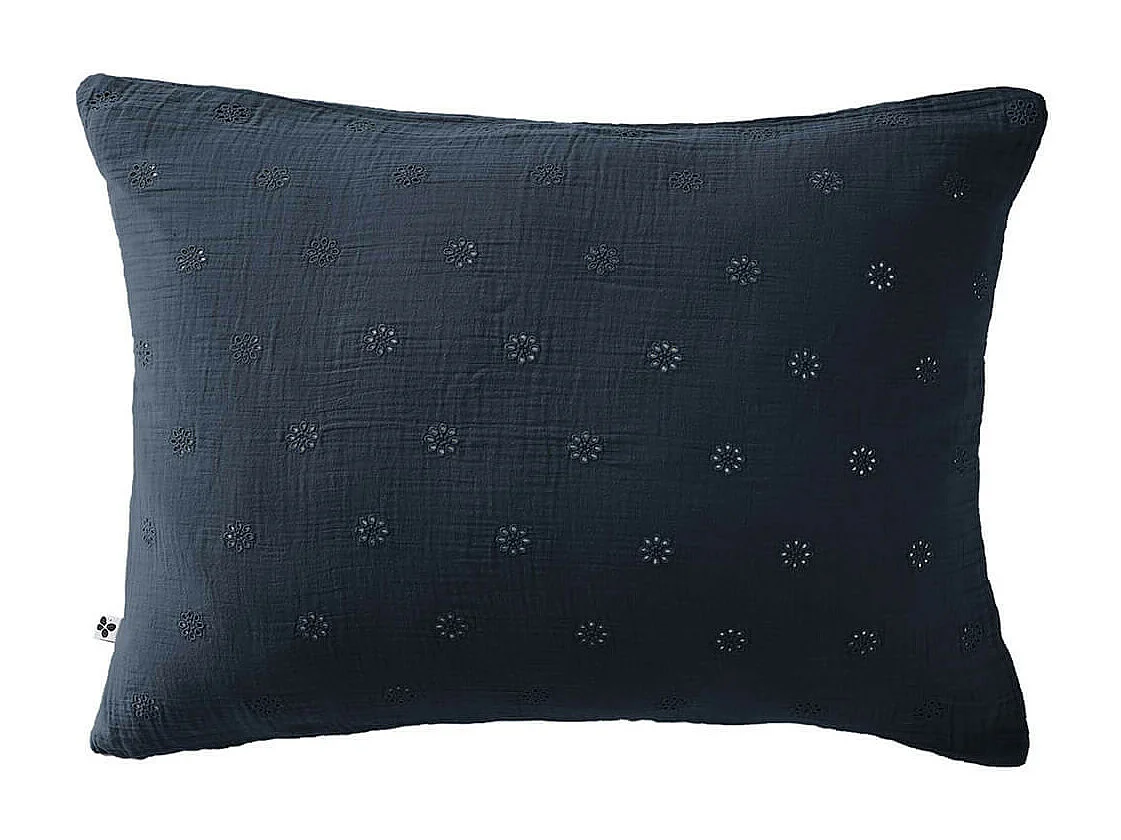 OUREA MOTIF - Taie d'Oreiller 50x70cm Gaze de Coton Minuit à Fleurs Ajourées