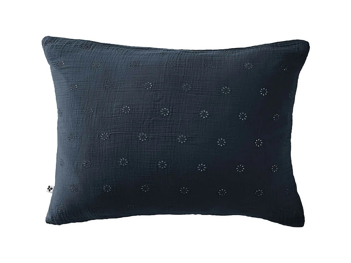 OUREA MOTIF - Taie d'Oreiller 50x70cm Gaze de Coton Minuit à Fleurs Ajourées