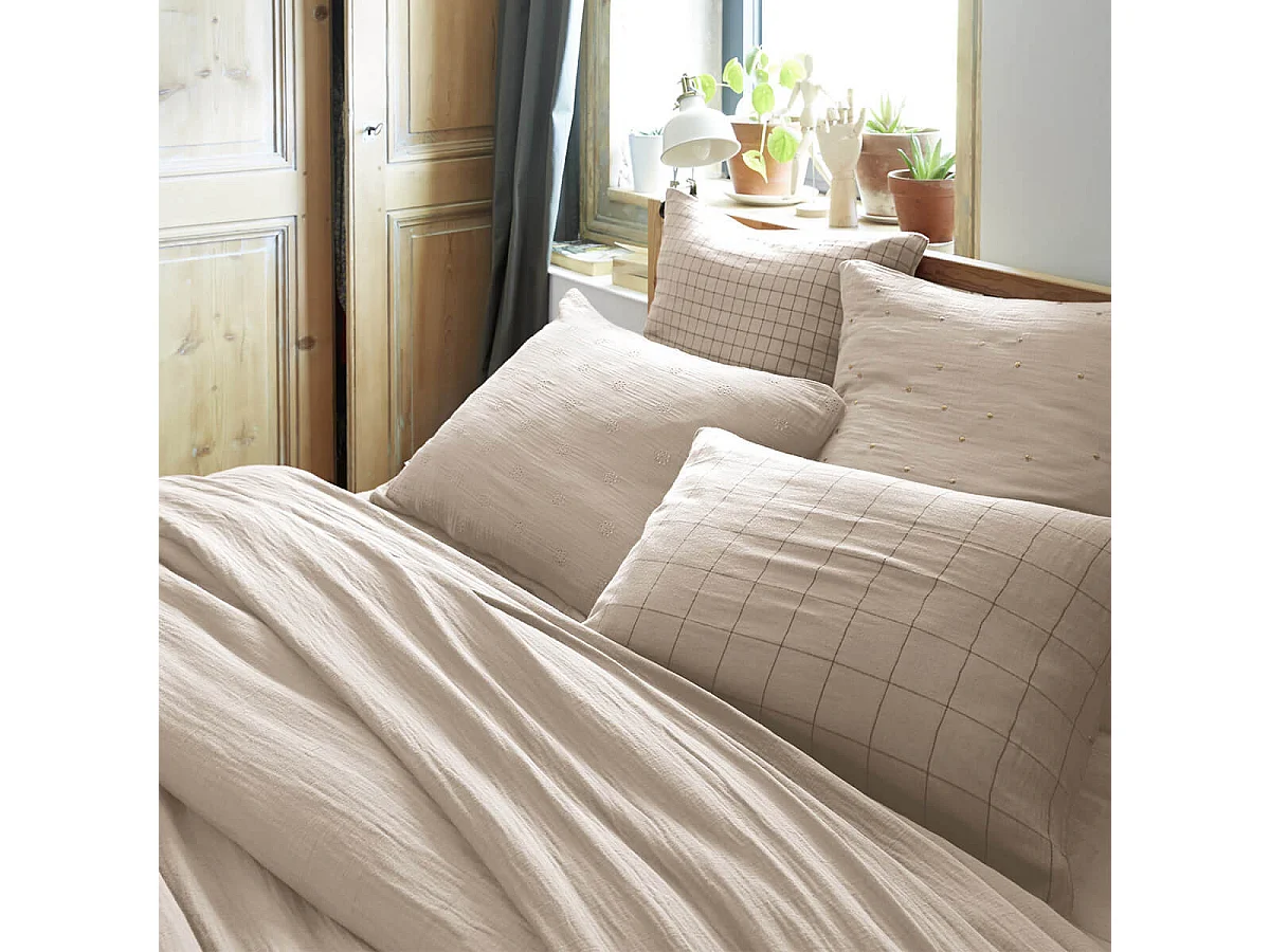 OUREA MOTIF - Taie d'Oreiller 60x60cm Gaze de Coton Pampa à Petits Carreaux