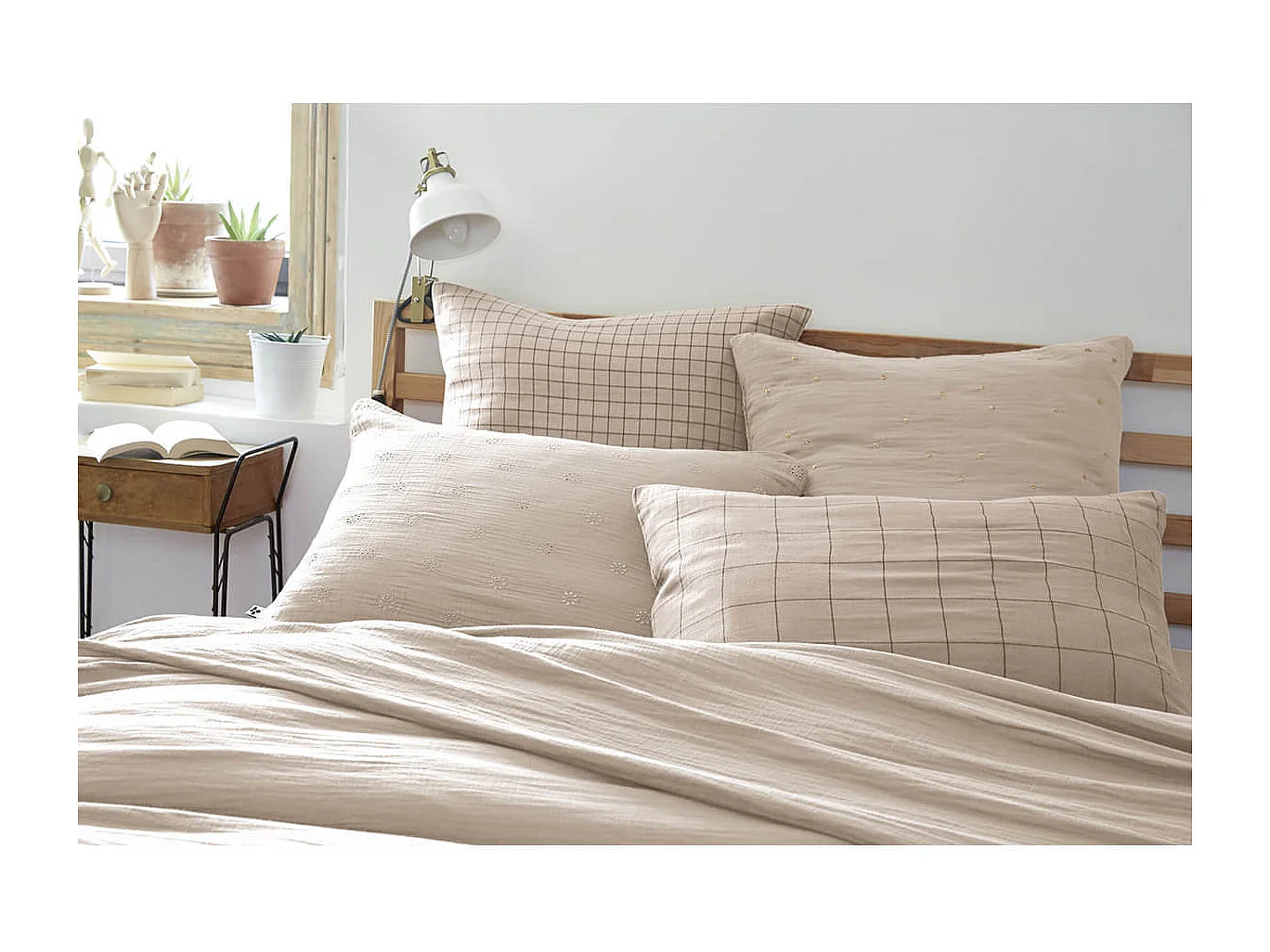 OUREA MOTIF - Taie d'Oreiller 60x60cm Gaze de Coton Pampa à Petits Carreaux