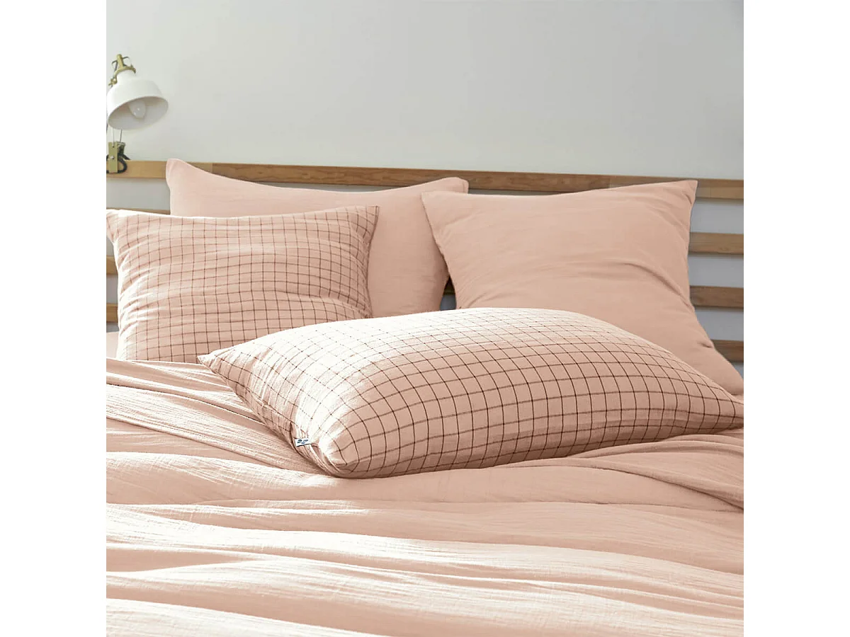 OUREA MOTIF - Taie d'Oreiller 50x70cm Gaze de Coton Guimauve à Petits Carreaux