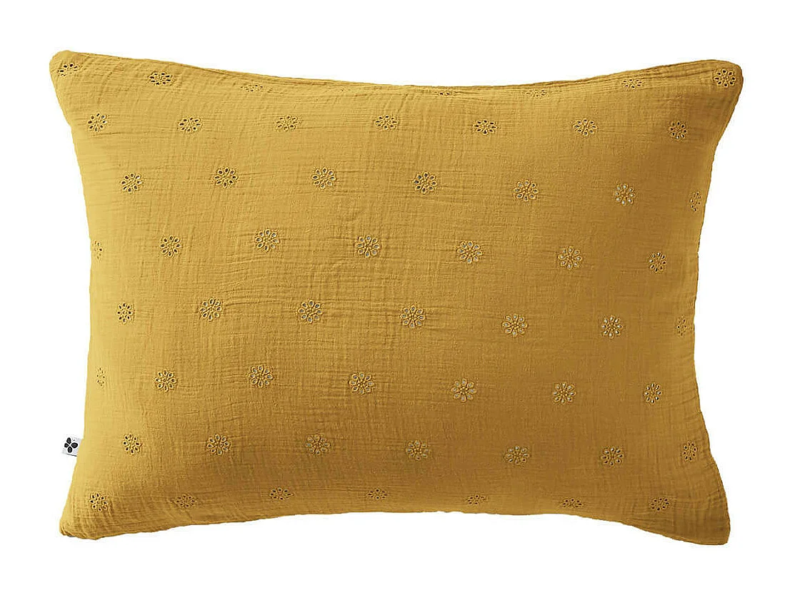 OUREA MOTIF - Taie d'Oreiller 50x70cm Gaze de Coton Safran à Fleurs Ajourées