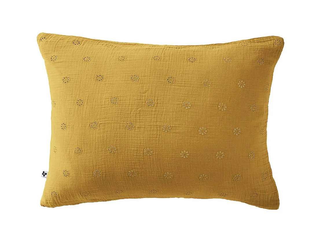 OUREA MOTIF - Taie d'Oreiller 50x70cm Gaze de Coton Safran à Fleurs Ajourées