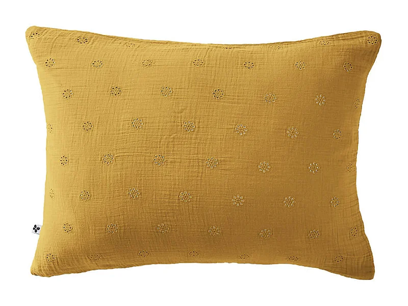 OUREA MOTIF - Taie d'Oreiller 50x70cm Gaze de Coton Safran à Fleurs Ajourées