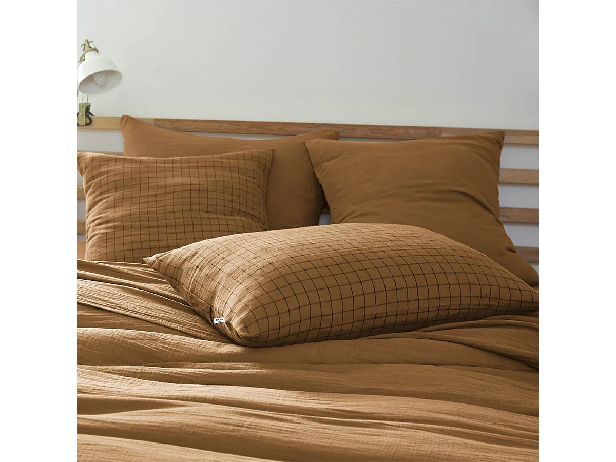 OUREA MOTIF - Taie d'Oreiller 50x70cm Gaze de Coton Camel à Petits Carreaux