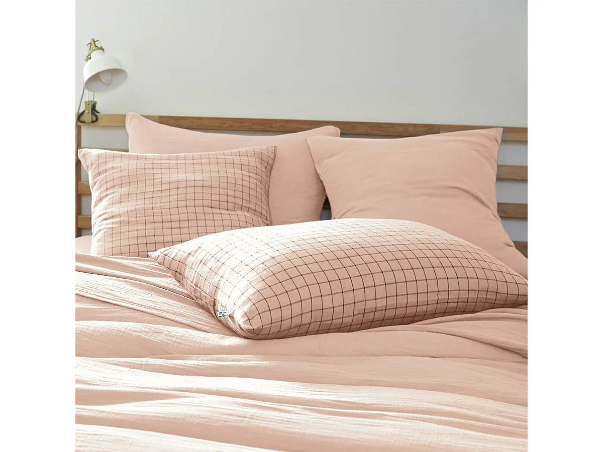 OUREA MOTIF - Taie d'Oreiller 60x60cm Gaze de Coton Guimauve à Petits Carreaux