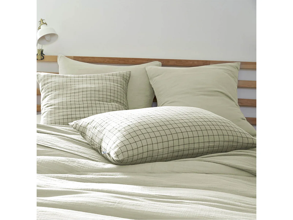OUREA MOTIF - Taie d'Oreiller 50x70cm Gaze de Coton Vert d'Eau à Petits Carreaux