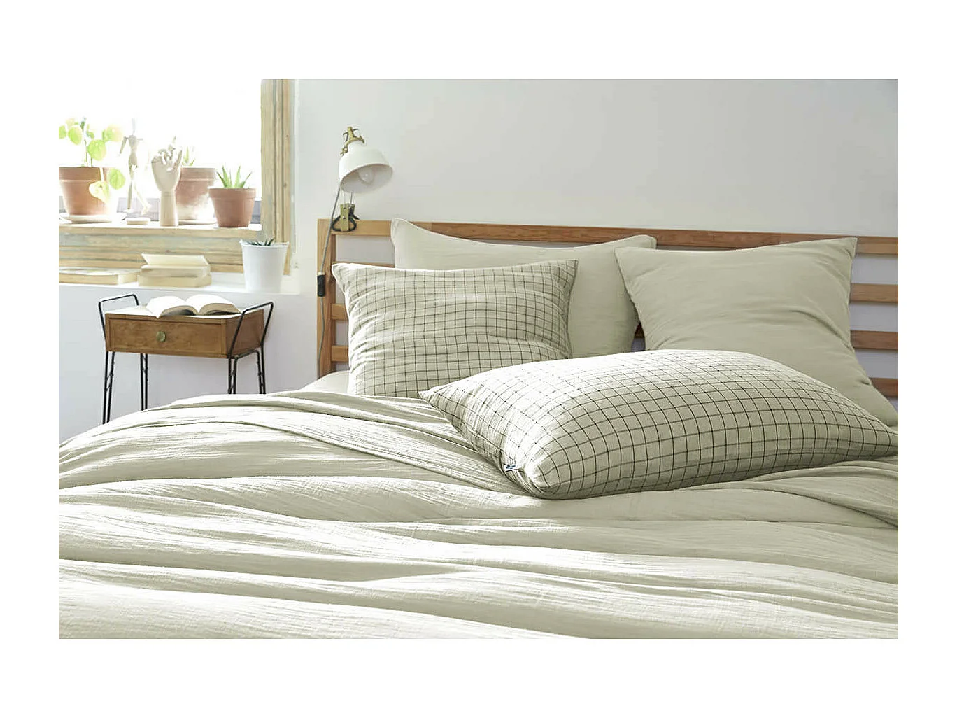 OUREA MOTIF - Taie d'Oreiller 50x70cm Gaze de Coton Vert d'Eau à Petits Carreaux