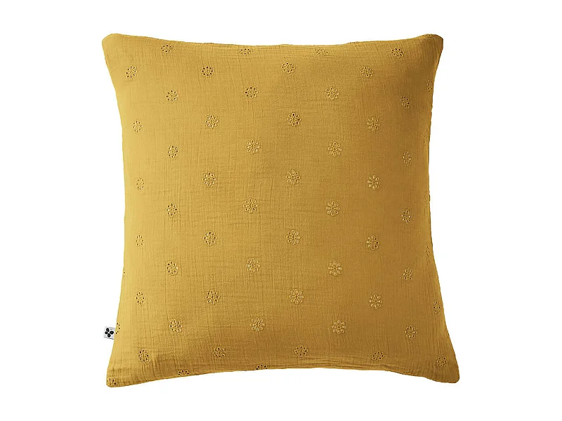 OUREA MOTIF - Taie d'Oreiller 60x60cm Gaze de Coton Safran à Fleurs Ajourées