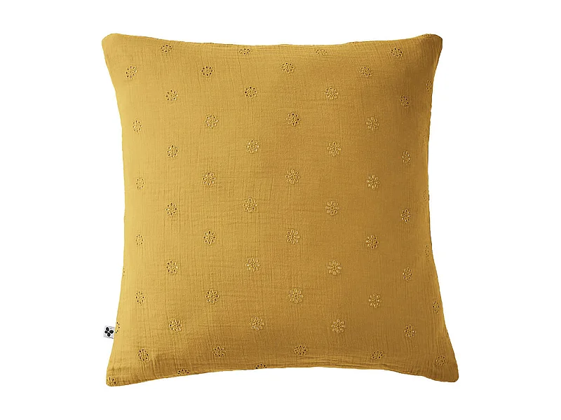 OUREA MOTIF - Taie d'Oreiller 60x60cm Gaze de Coton Safran à Fleurs Ajourées