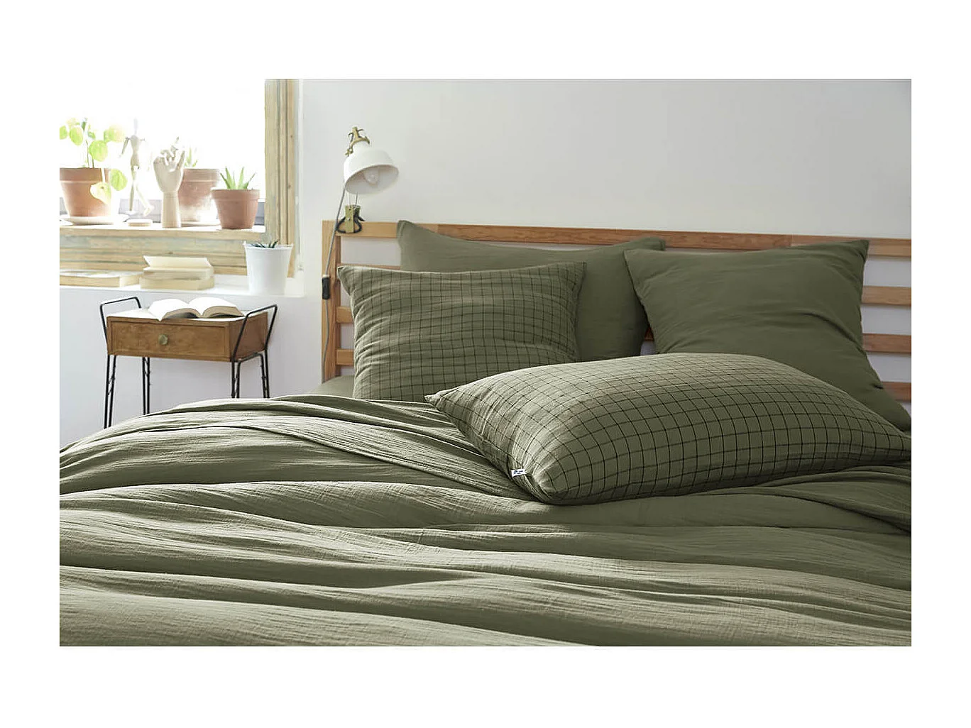 OUREA MOTIF - Taie d'Oreiller 50x70cm Gaze de Coton Romarin à Petits Carreaux