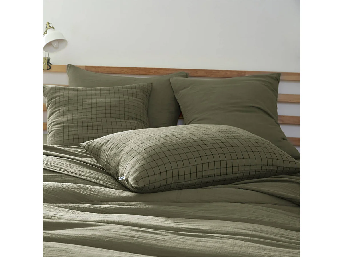 OUREA MOTIF - Taie d'Oreiller 50x70cm Gaze de Coton Romarin à Petits Carreaux
