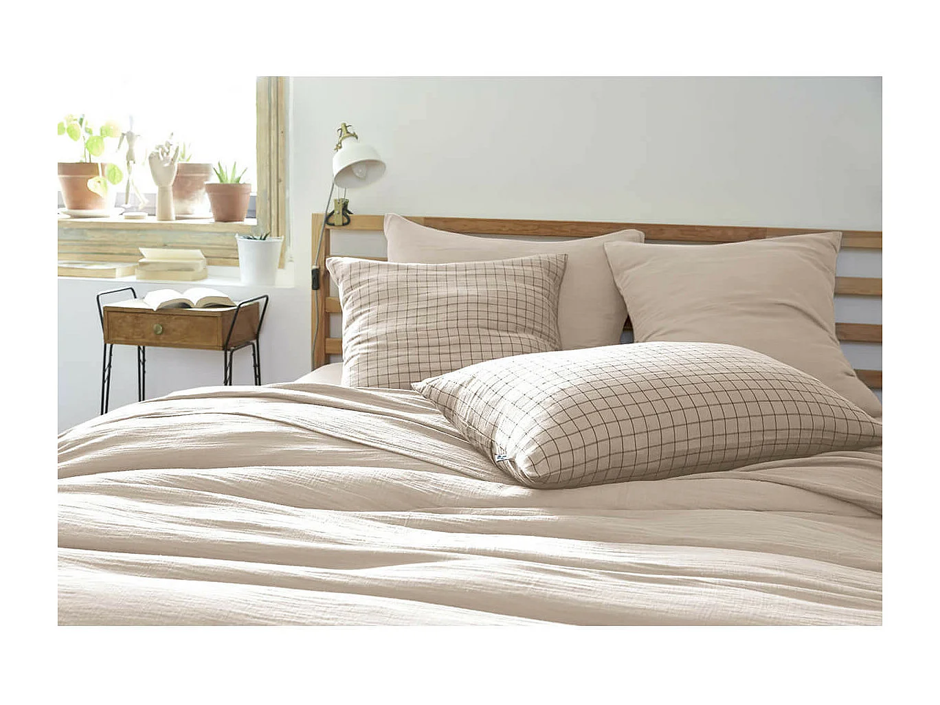 OUREA MOTIF - Taie d'Oreiller 50x70cm Gaze de Coton Pampa à Petits Carreaux