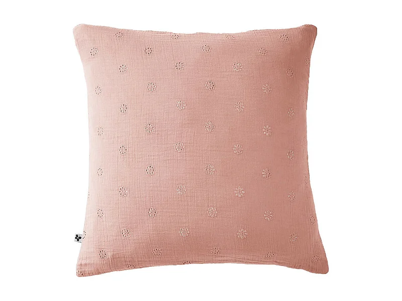 OUREA MOTIF - Taie d'Oreiller 60x60cm Gaze de Coton Rose Pêche à Fleurs Ajourées