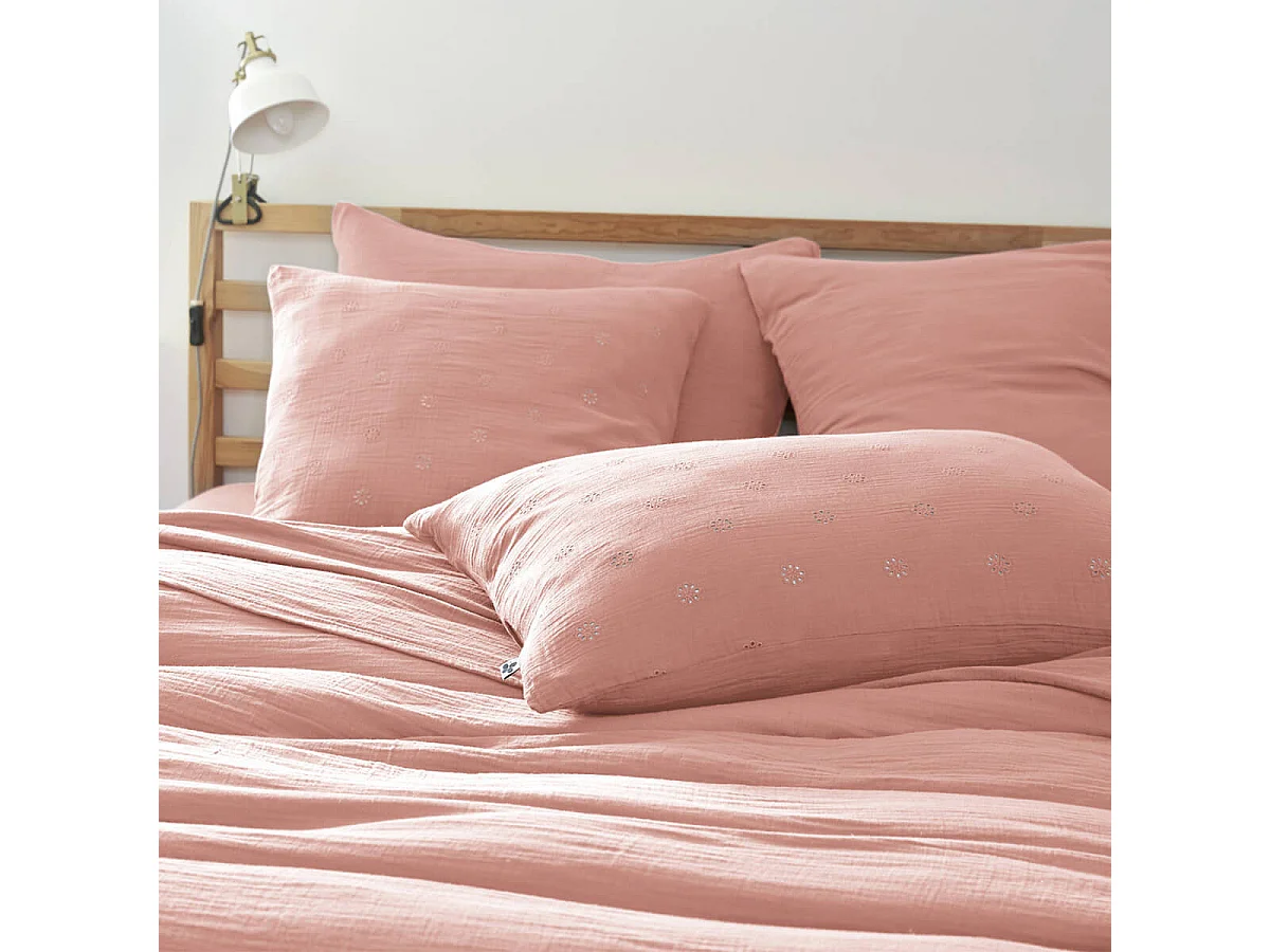 OUREA MOTIF - Taie d'Oreiller 60x60cm Gaze de Coton Rose Pêche à Fleurs Ajourées