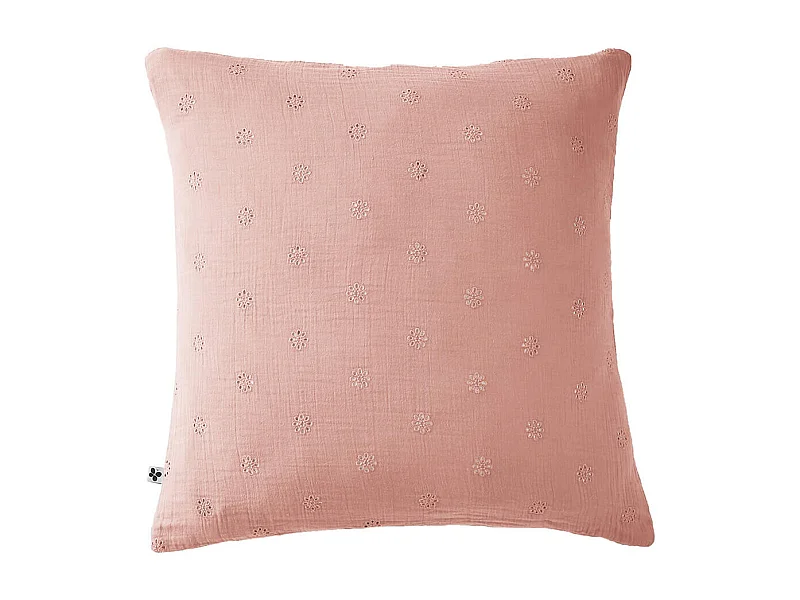 OUREA MOTIF - Taie d'Oreiller 60x60cm Gaze de Coton Rose Pêche à Fleurs Ajourées