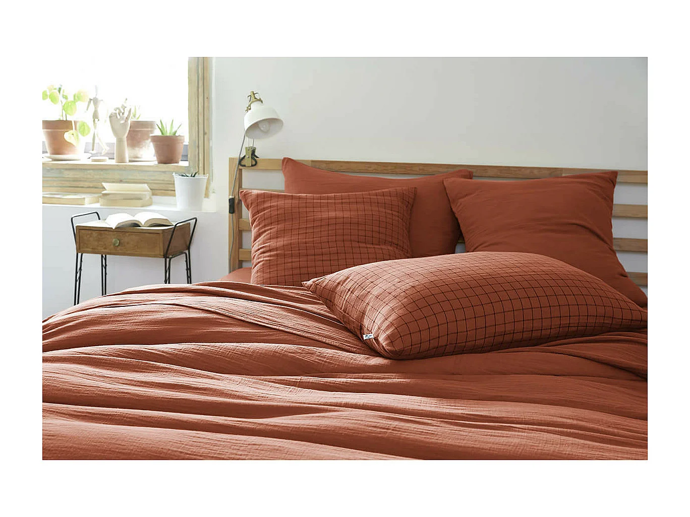 OUREA MOTIF - Taie d'Oreiller 50x70cm Gaze de Coton Terracotta à Petits Carreaux