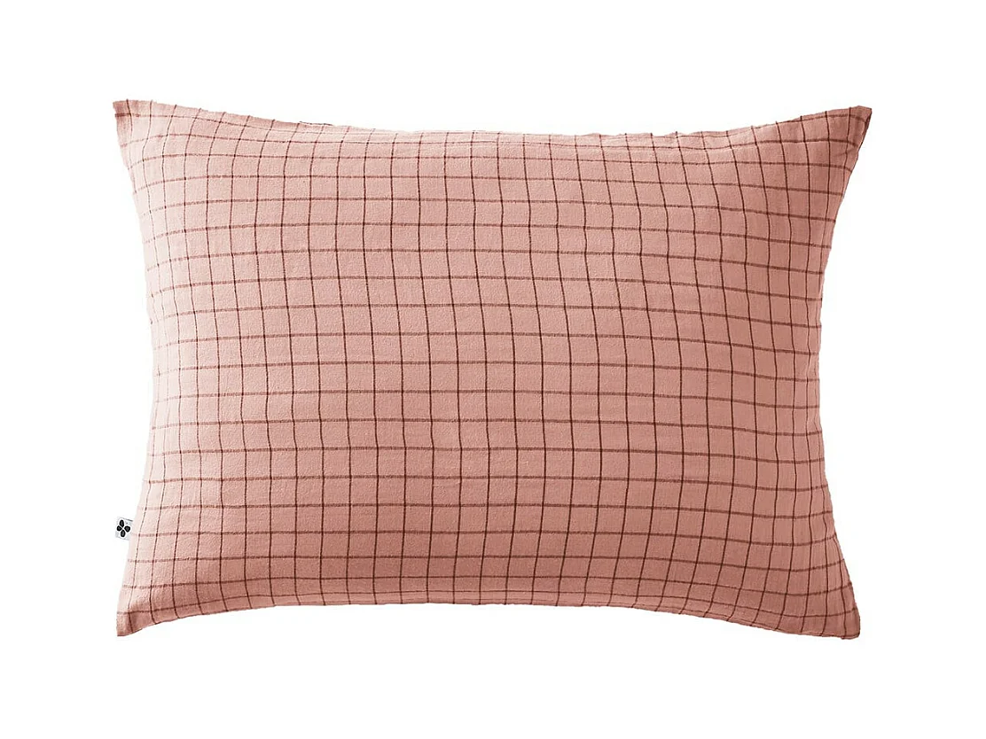 OUREA MOTIF - Taie d'Oreiller 50x70cm Gaze de Coton Rose Pêche à Petits Carreaux