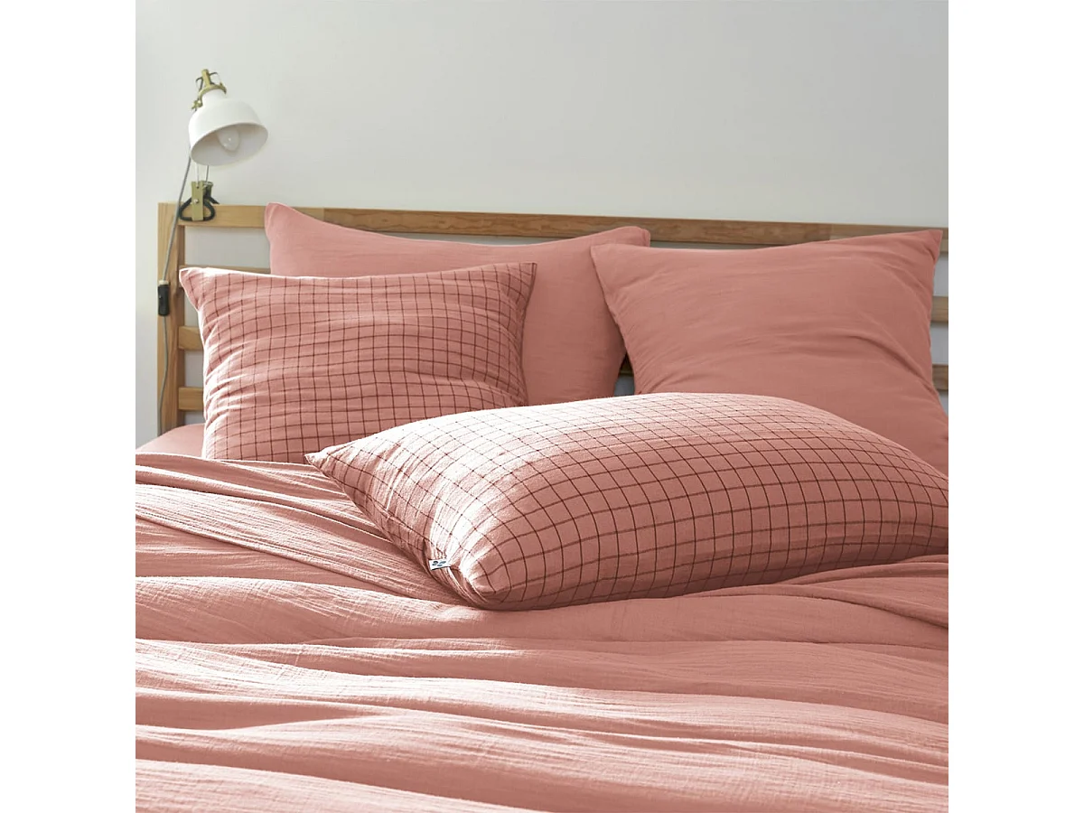 OUREA MOTIF - Taie d'Oreiller 50x70cm Gaze de Coton Rose Pêche à Petits Carreaux