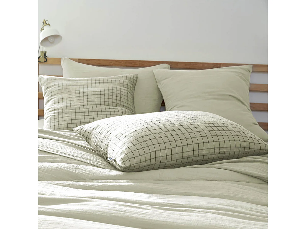 OUREA MOTIF - Taie d'Oreiller 60x60cm Gaze de Coton Vert d'Eau à Petits Carreaux