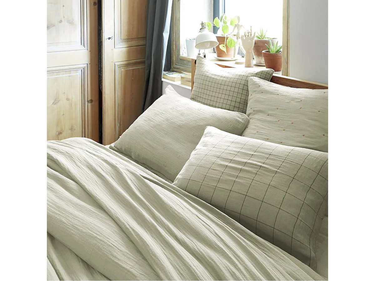 OUREA MOTIF - Taie d'Oreiller 60x60cm Gaze de Coton Vert d'Eau à Petits Carreaux