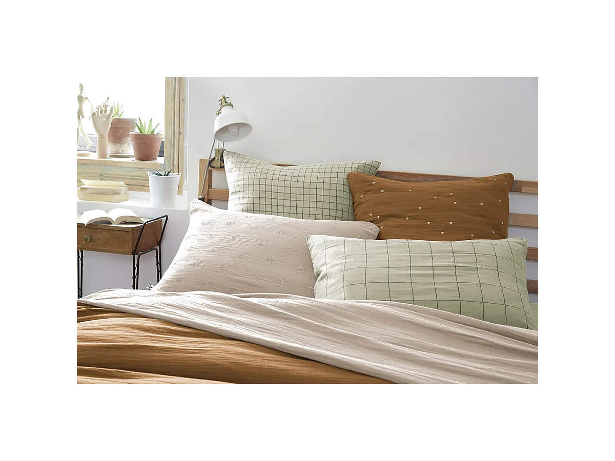 OUREA MOTIF - Taie d'Oreiller 60x60cm Gaze de Coton Vert d'Eau à Petits Carreaux
