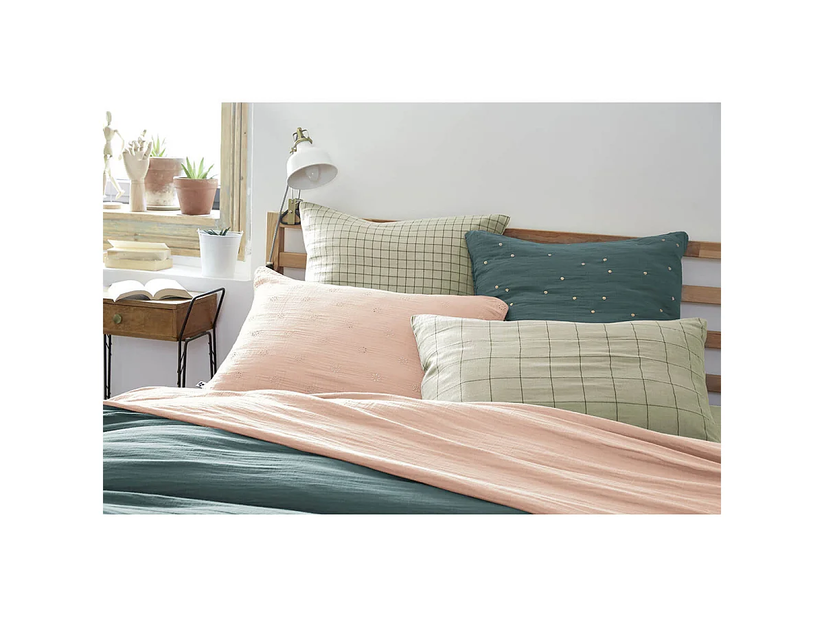 OUREA MOTIF - Taie d'Oreiller 60x60cm Gaze de Coton Vert d'Eau à Petits Carreaux