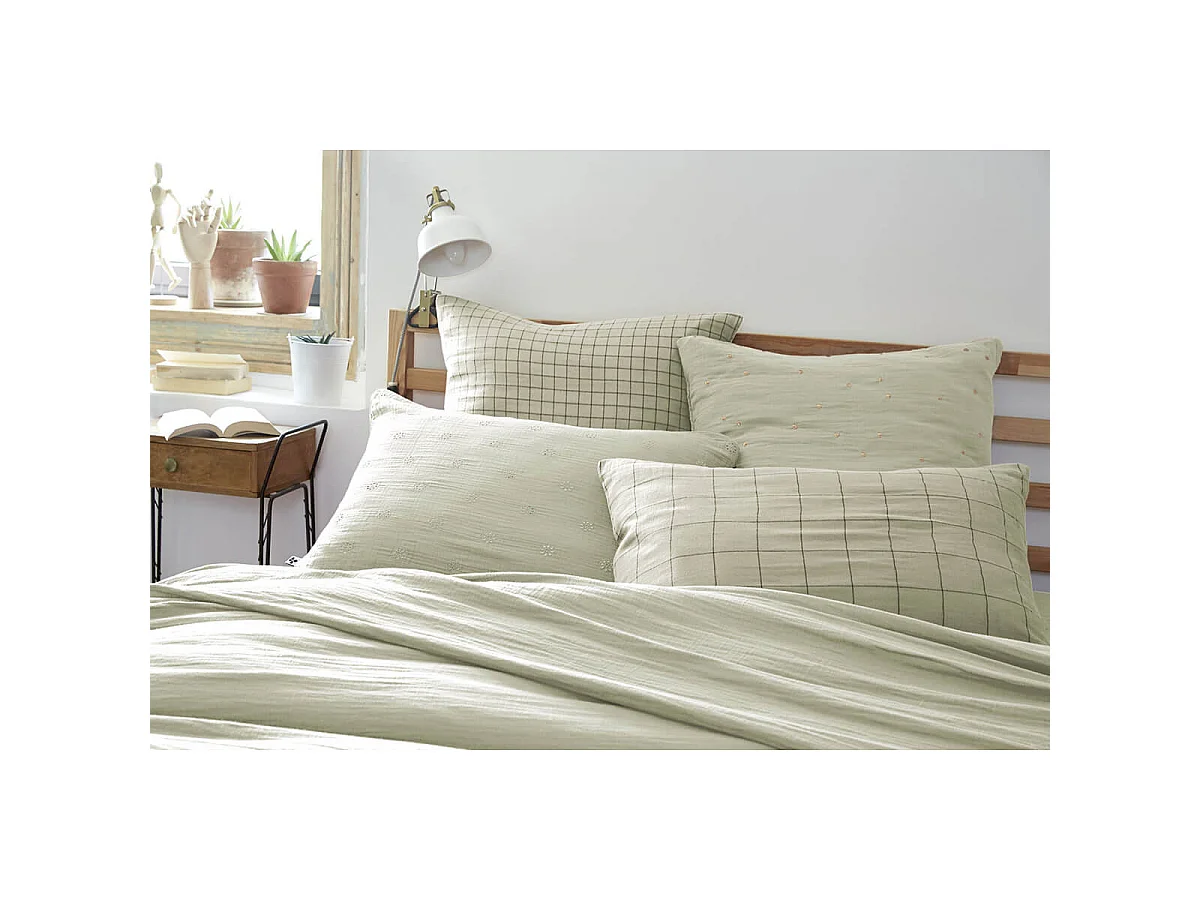 OUREA MOTIF - Taie d'Oreiller 60x60cm Gaze de Coton Vert d'Eau à Petits Carreaux