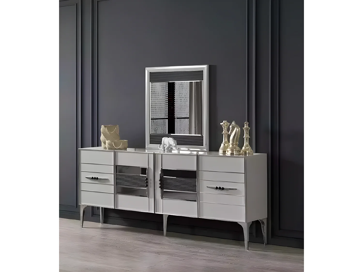 Exklusives Sideboard Moderne Kommode Grau Holzmöbel Wohnzimmermöbel