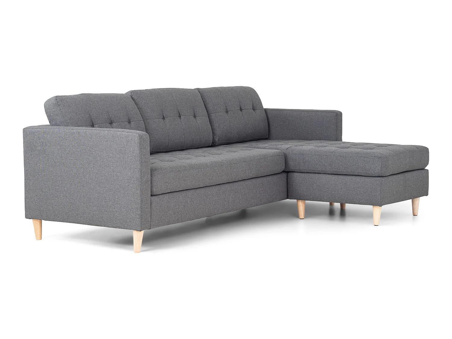 Marino Sofa, Chaiselongsofa rechts oder links gewendet in hellgrauen Stoff mit Holzbeinen.