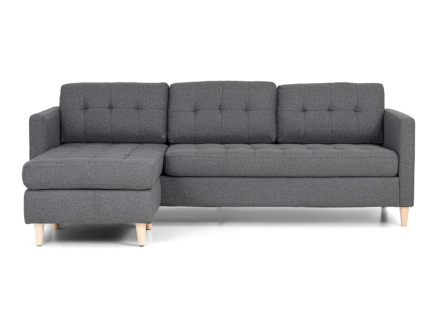 Marino Sofa, Chaiselongsofa rechts oder links gewendet in hellgrauen Stoff mit Holzbeinen.