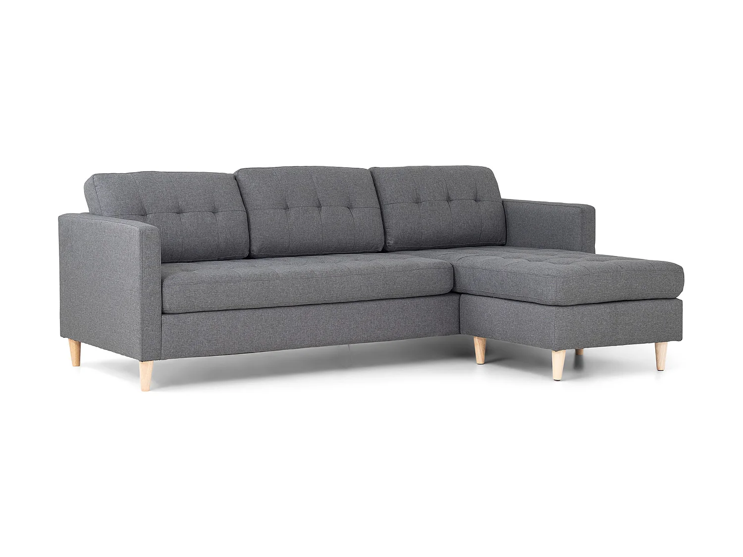 Marino Sofa, Canapé avec chaise longue réversible à droite ou à gauche, en tissu gris clair avec pieds en bois.