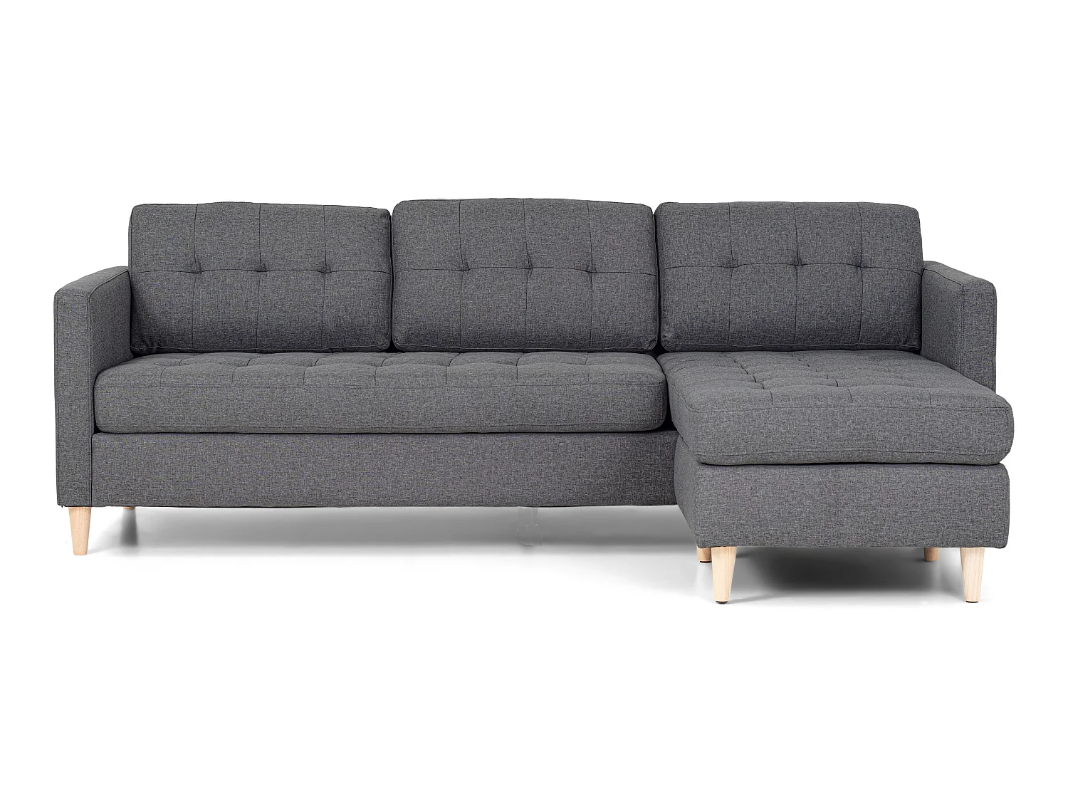 Marino Sofa, Canapé avec chaise longue réversible à droite ou à gauche, en tissu gris clair avec pieds en bois.