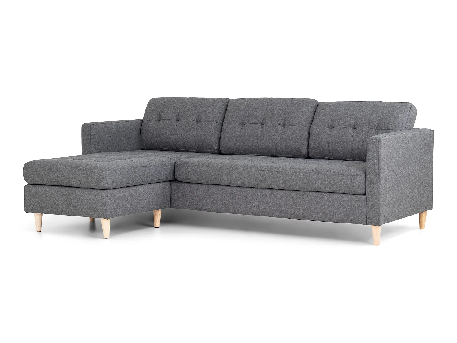 Marino Sofa, Canapé avec chaise longue réversible à droite ou à gauche, en tissu gris clair avec pieds en bois.