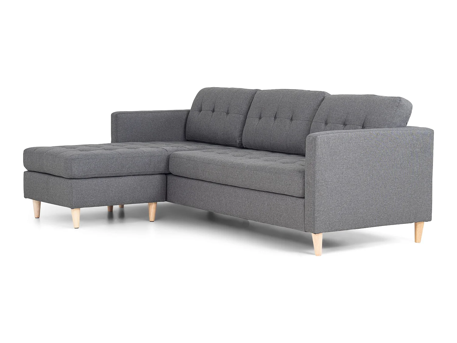 Marino Sofa, Canapé avec chaise longue réversible à droite ou à gauche, en tissu gris clair avec pieds en bois.