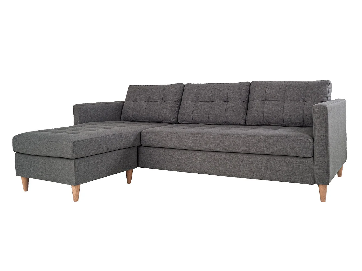 Marino Sofa, Canapé avec chaise longue réversible à droite ou à gauche, en tissu gris clair avec pieds en bois.