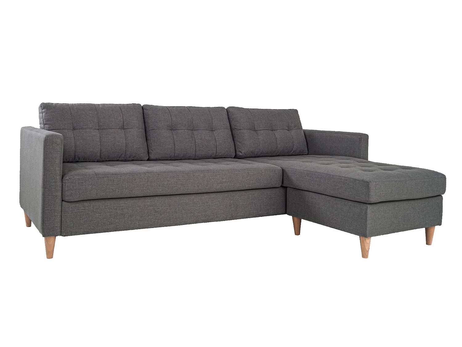 Marino Sofa, Canapé avec chaise longue réversible à droite ou à gauche, en tissu gris clair avec pieds en bois.