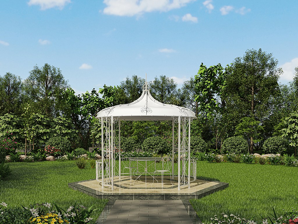Kiosque De Jardin TILCARA En Acier Blanc - Style Fer Forgé, Dimensions 300x300x305 Cm, Toit Polyester, Autoportant
