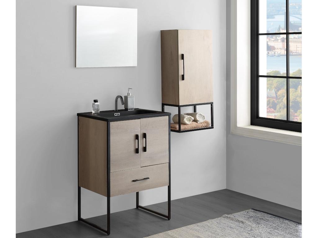 Komplettbad PHENA - Unterschrank + Waschbecken + Spiegel + Oberschrank - Holz-Optik