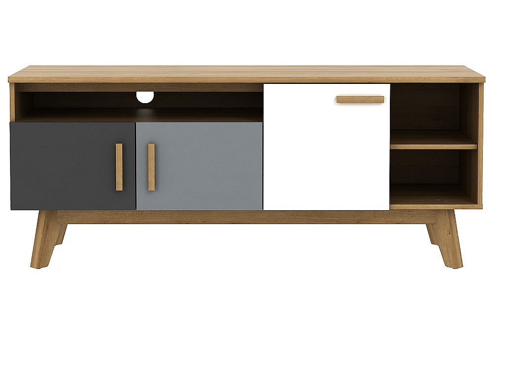 Skandinavischer TV-Schrank - 3 Türen, 3 Nischen - Farben: Weiß, Grau, Natur