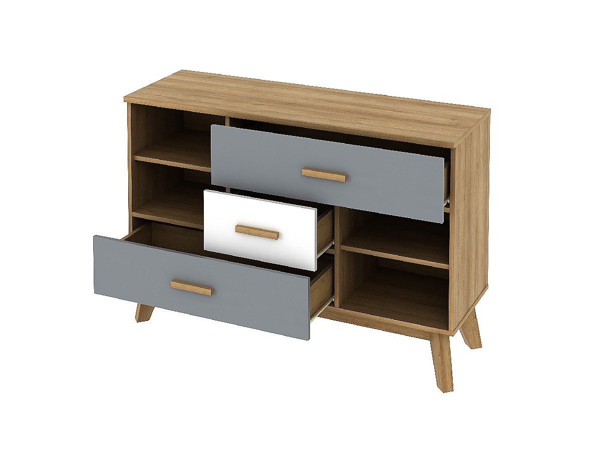 Skandinavisches Sideboard - 3 Schubladen, 2 Türen - Farben: Weiß, Grau