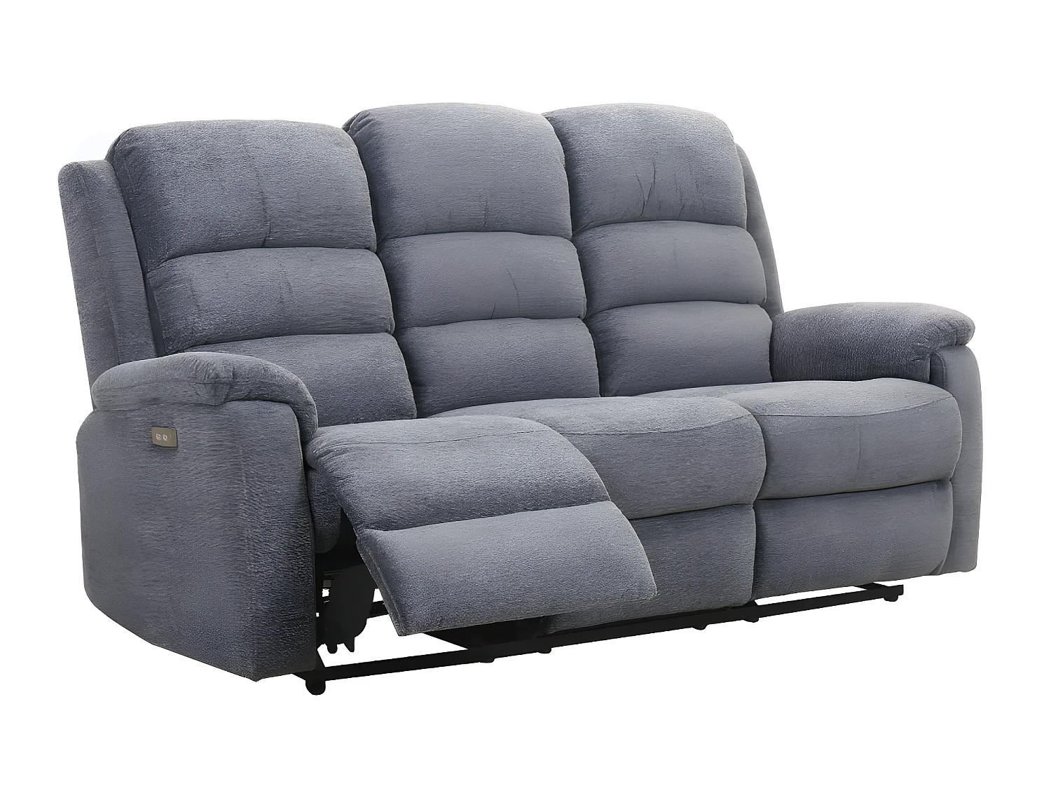 Elektrische driezits relaxbank en relaxfauteuil van stof met plateau NEVERS - Grijs