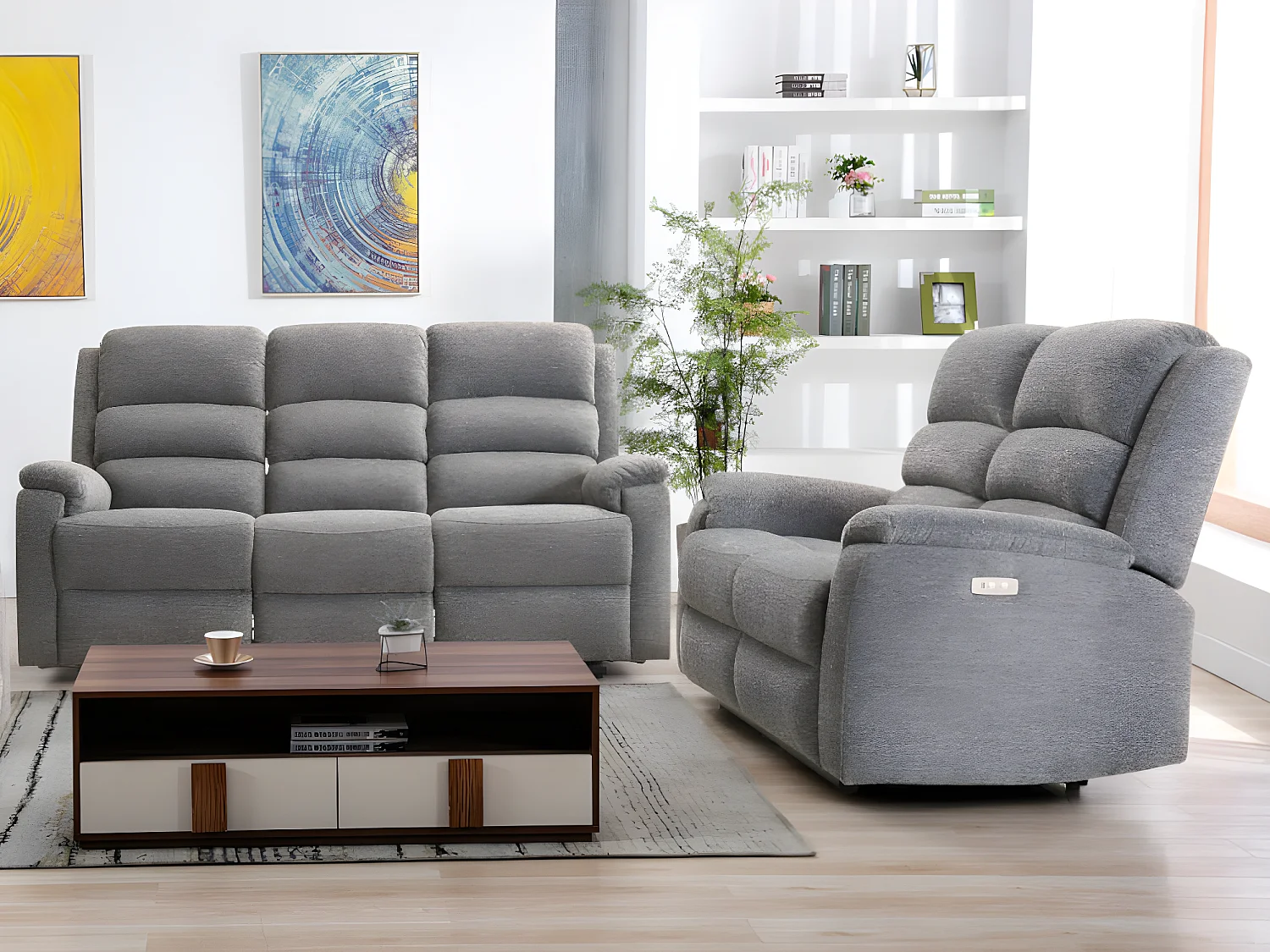 Canapés 3 places et 2 places relax électrique en tissu gris NEVERS