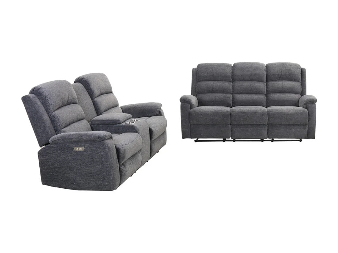 Canapés 3 places et 2 places relax électrique en tissu gris NEVERS