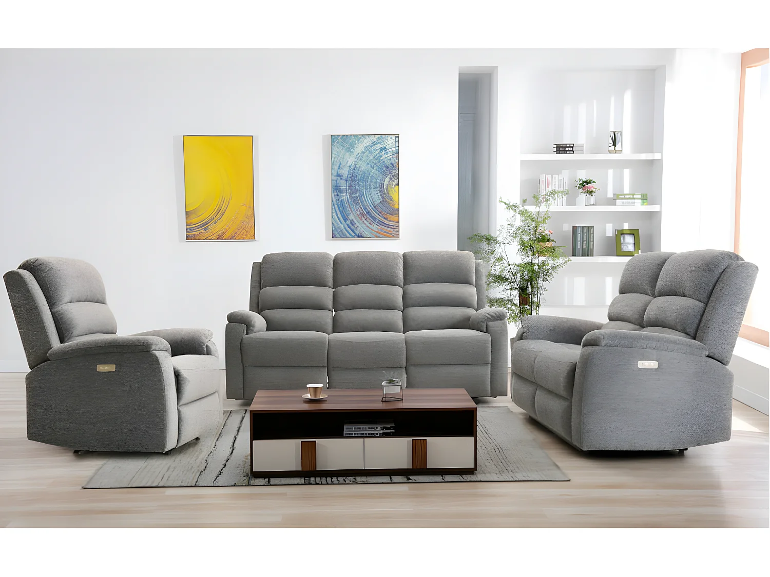 Couchgarnitur mit elektrischer Relaxfunktion 3+2+1 - Stoff - Grau - NEVERS
