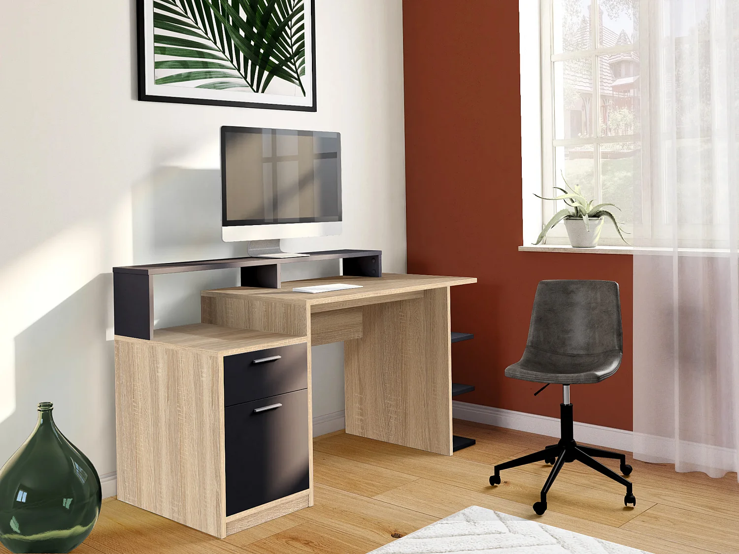 Bureau avec rangements ZACHARIE - Coloris : chêne et noir