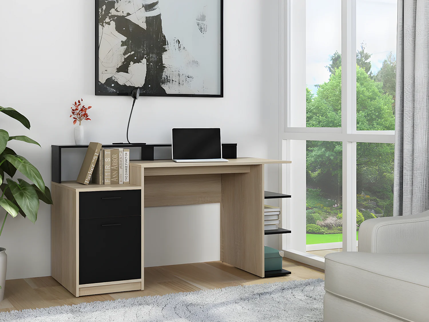 Bureau avec rangements ZACHARIE - Coloris : chêne et noir