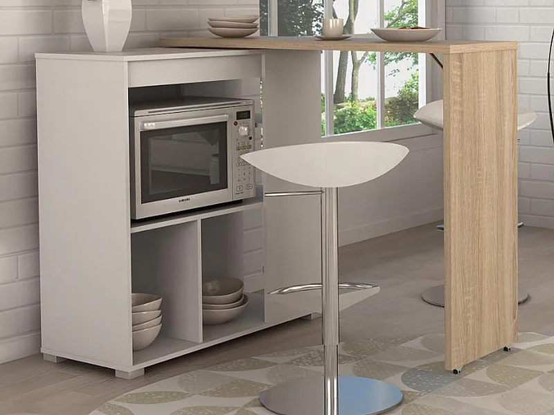 Meuble de bar pivotant avec rangements - Naturel et blanc - SATURNE