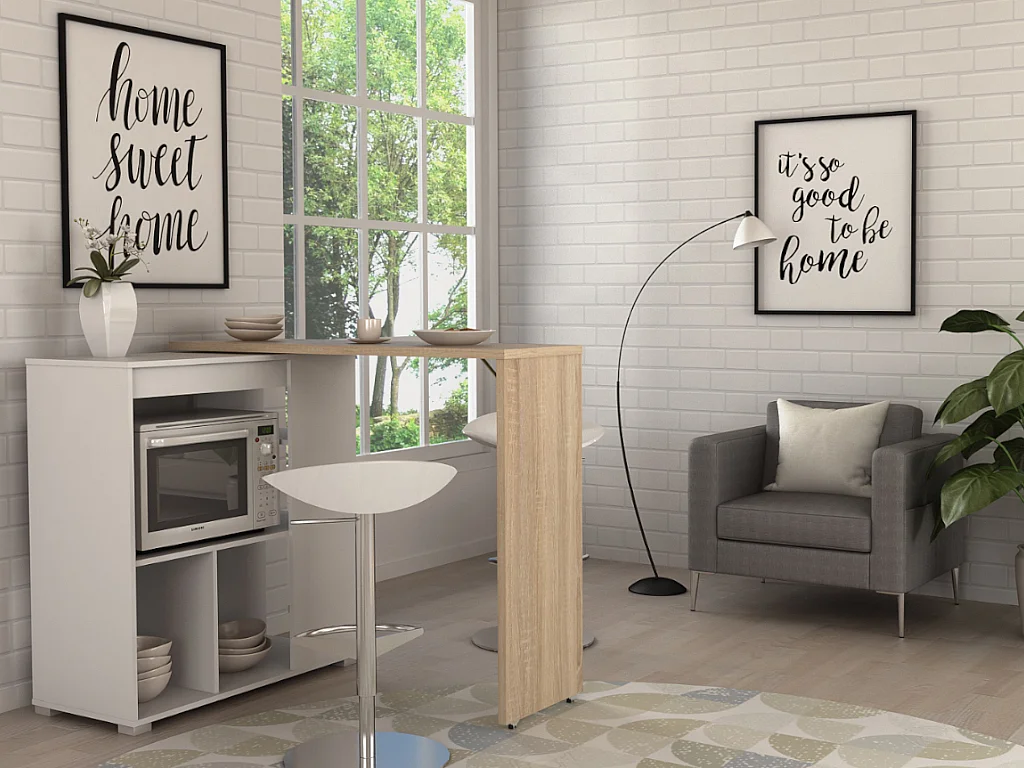 Meuble de bar pivotant avec rangements - Naturel et blanc - SATURNE