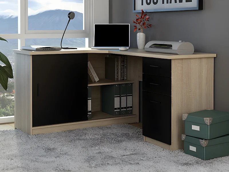 Bureau d'angle NORWY - 2 portes & 2 tiroirs - Chêne et noir